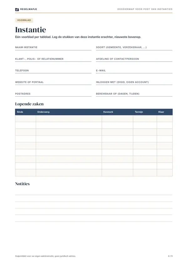Pagina 4: Voorblad per instantie