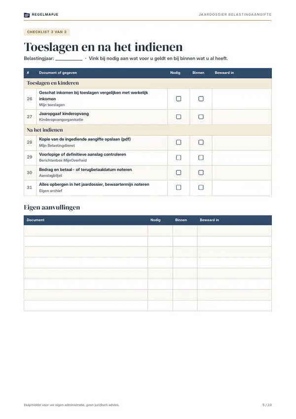 Pagina 5: Checklist 3 van 3: toeslagen en na het indienen