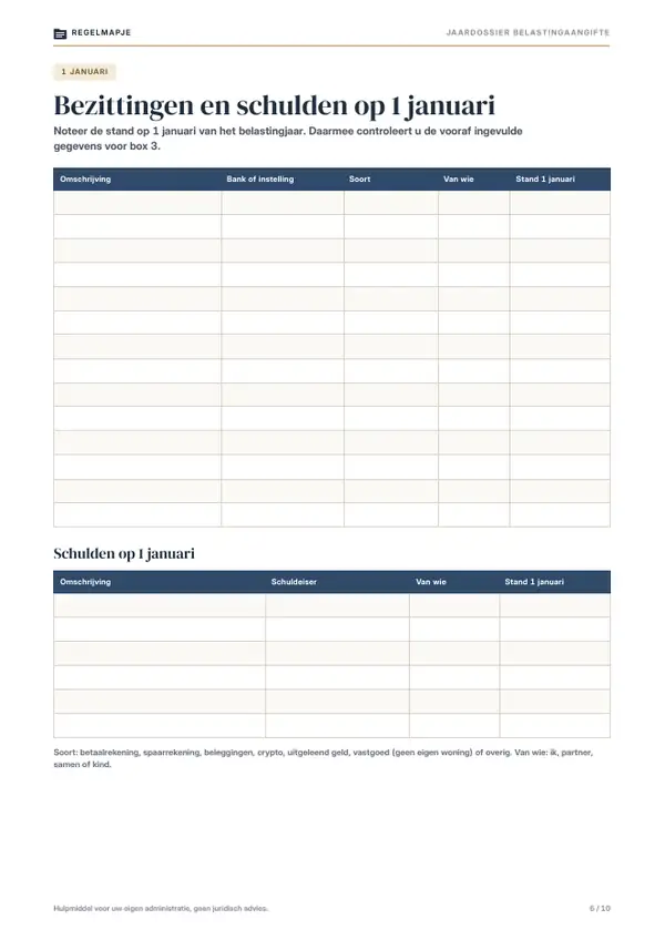 Pagina 6: Bezittingen en schulden op 1 januari