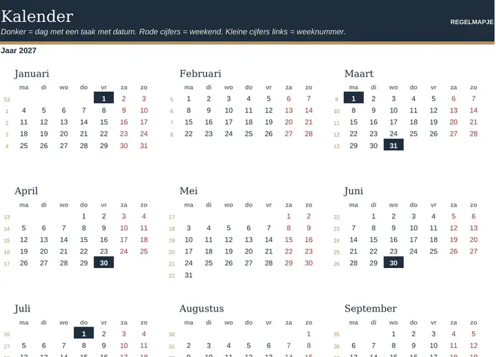 Tabblad Kalender in het ingevulde voorbeeld